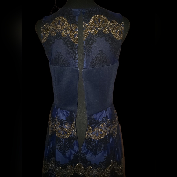 Studio One Navy Blue Dress w/ Black & Gold Embroidered Lace Overlay (Size 6) - Picture 10 of 16
